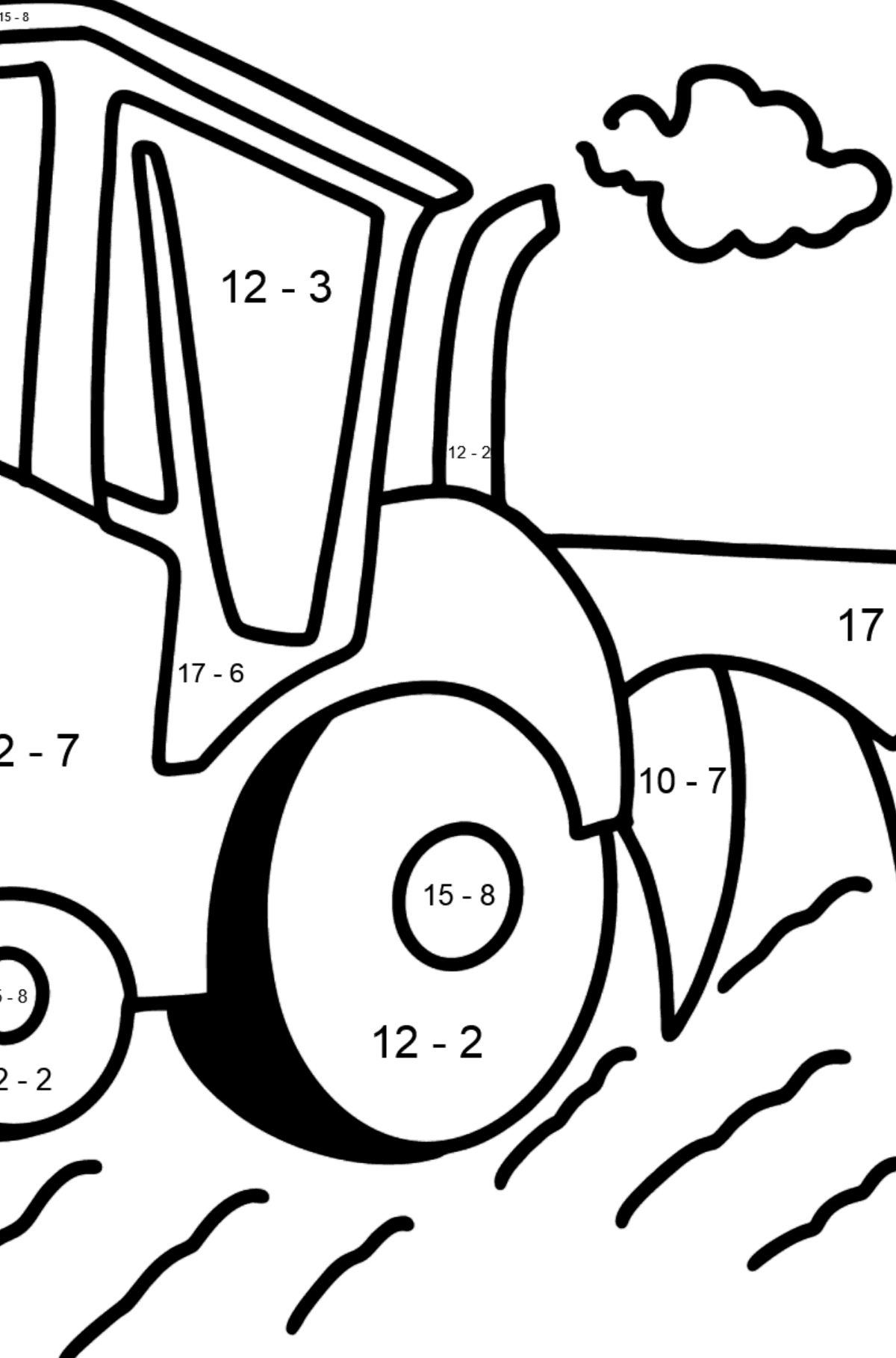 Ausmalbild Traktor mit Pflug - Mathe Ausmalbilder - Subtraktion für Kinder