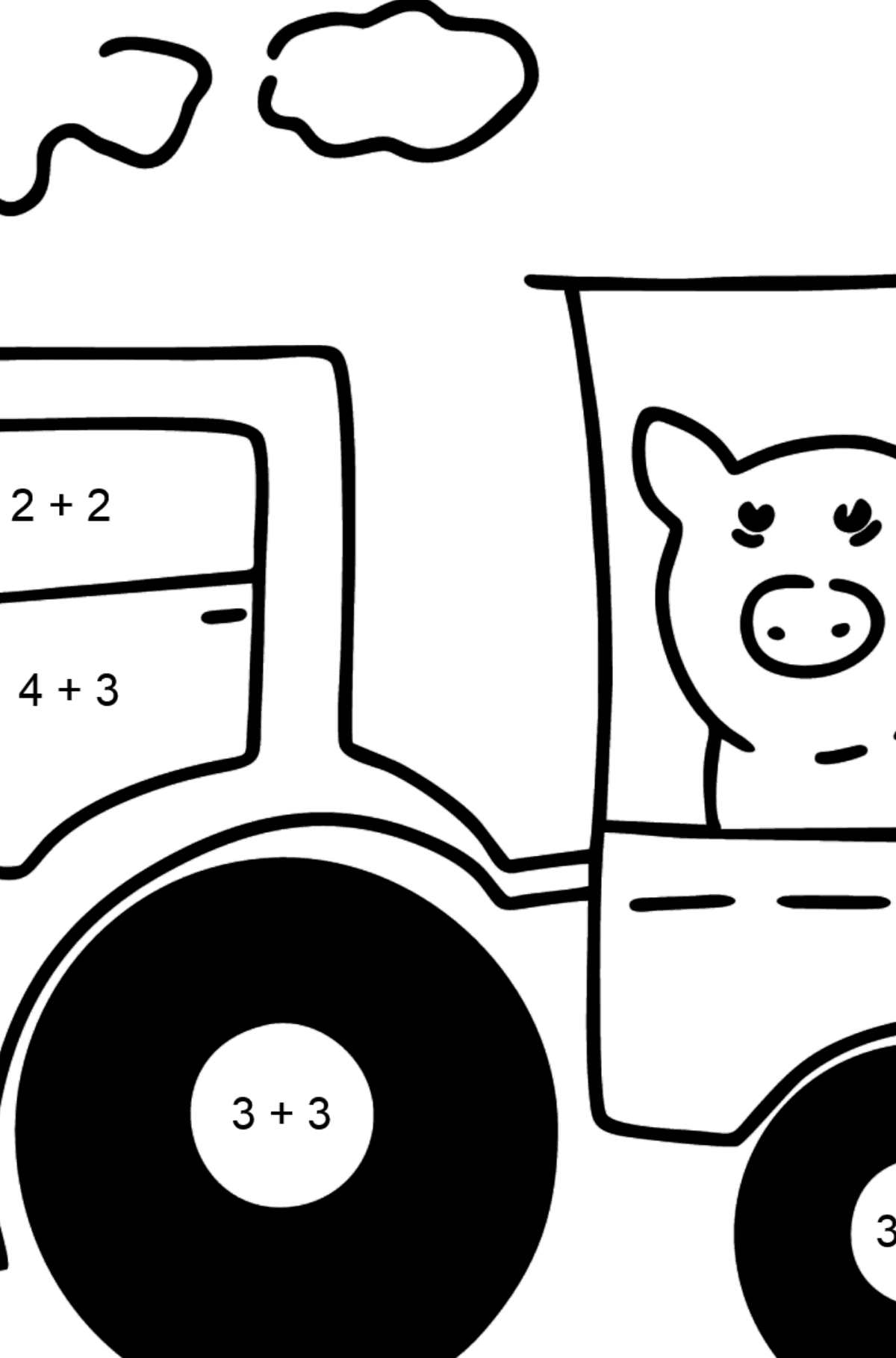 Розмальовка Трактор з причепом - Математична Розмальовка Додавання для дітей