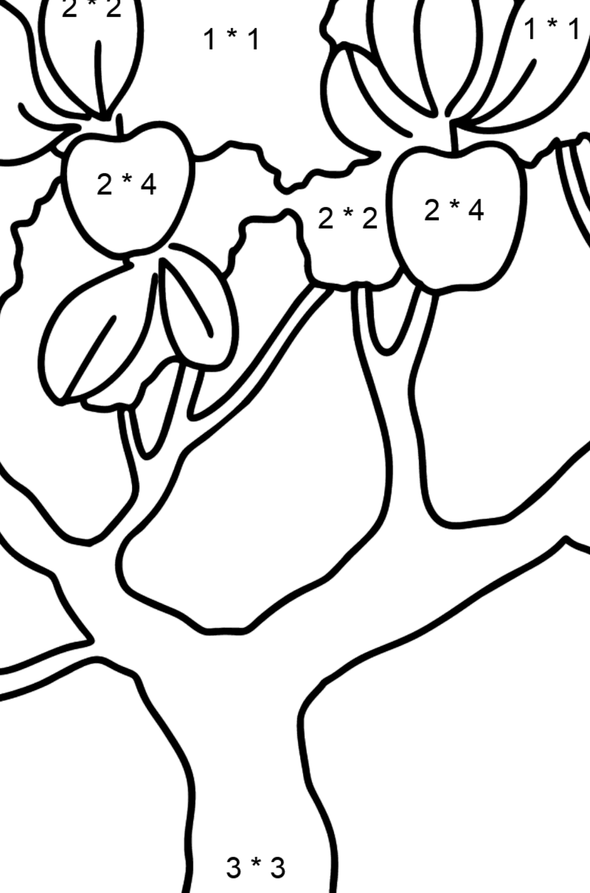 Desenho para colorir difícil de macieira - Colorindo com Matemática - Multiplicação para Crianças