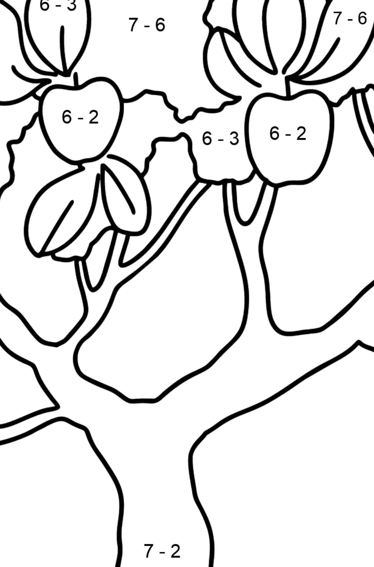 Dibujo de Manzano Difícil para colorear - Colorear con Matemáticas - Restas para Niños
