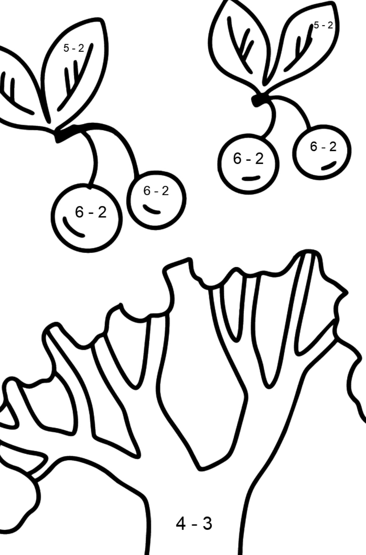 Mewarnai gambar pohon ceri - Pewarnaan Matematika: Pengurangan untuk anak-anak
