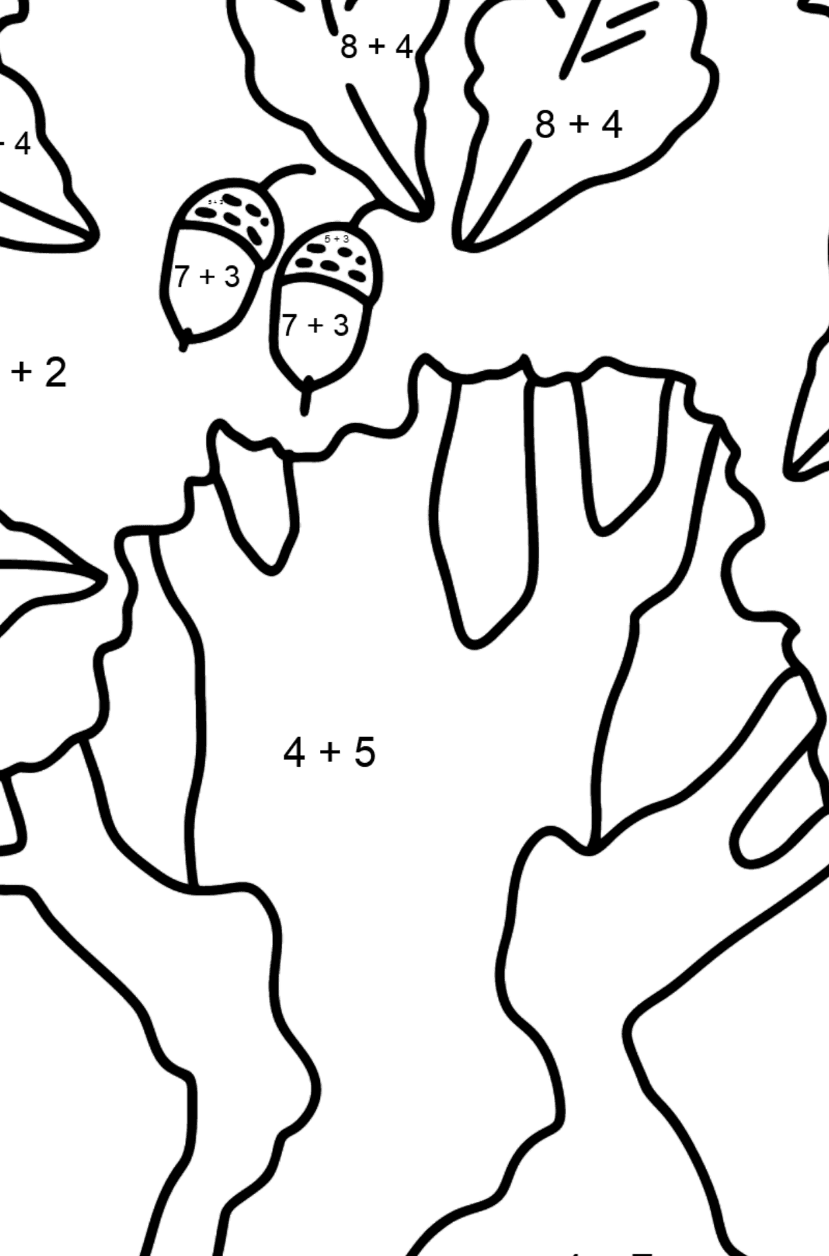 Oak coloring page - Difficult - Math Coloring - Addition for Kids