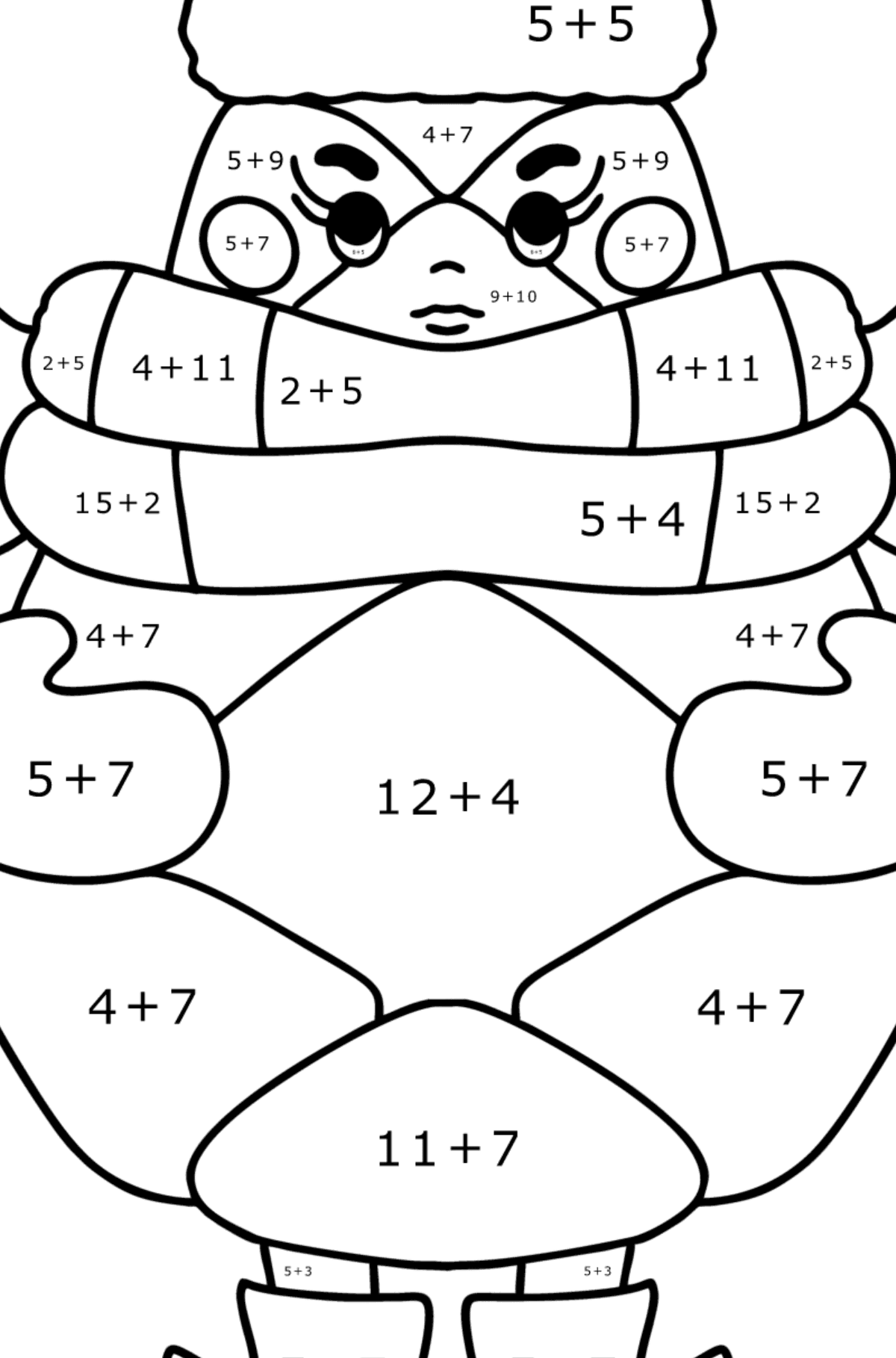 Tannenzapfen im Winter mit Augen zum Ausmalen - Mathe Ausmalbilder - Addition für Kinder