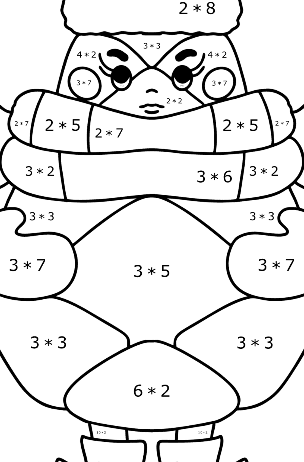 Tannenzapfen im Winter mit Augen zum Ausmalen - Mathe Ausmalbilder - Multiplikation für Kinder