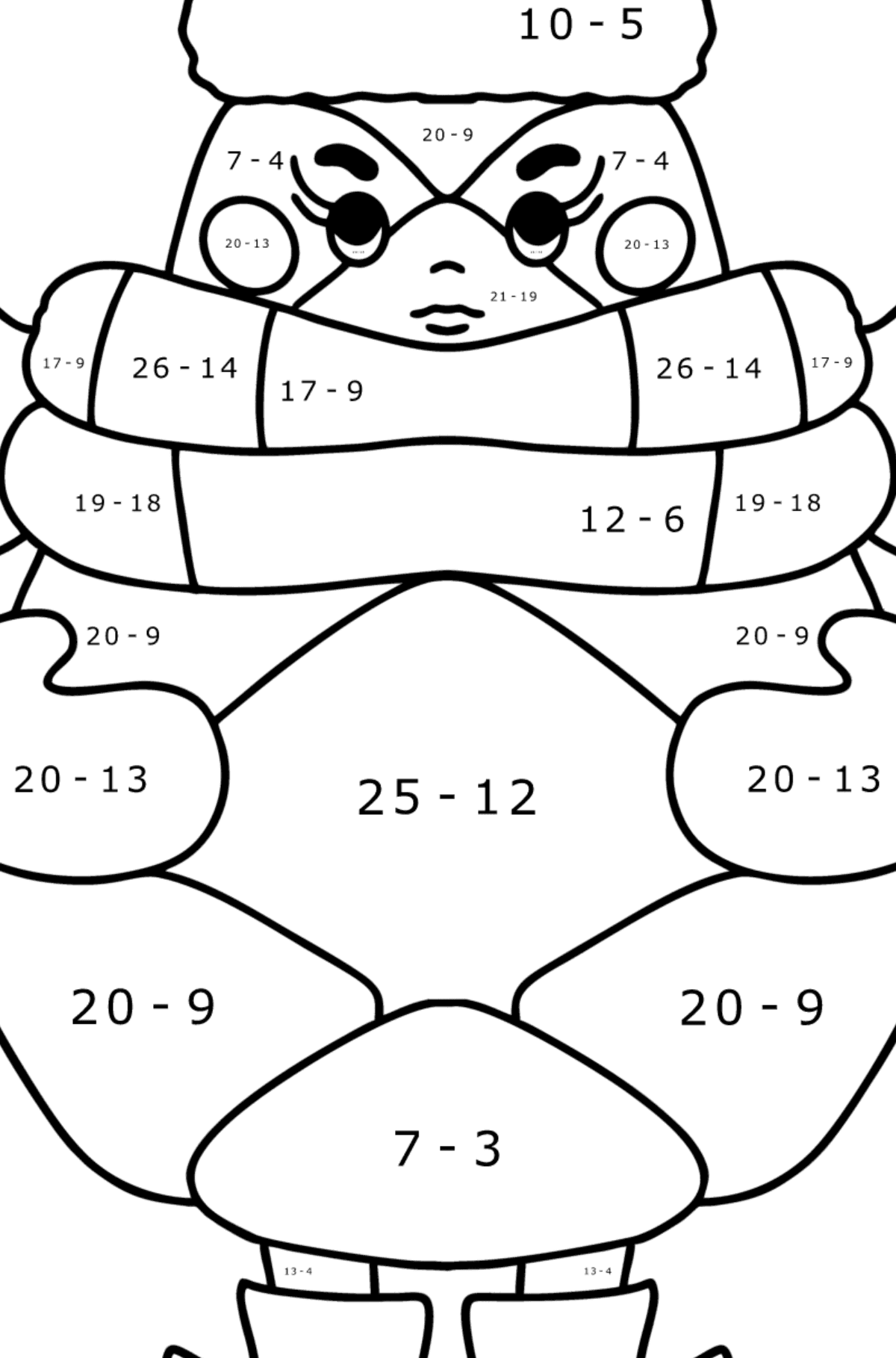 Tannenzapfen im Winter mit Augen zum Ausmalen - Mathe Ausmalbilder - Subtraktion für Kinder