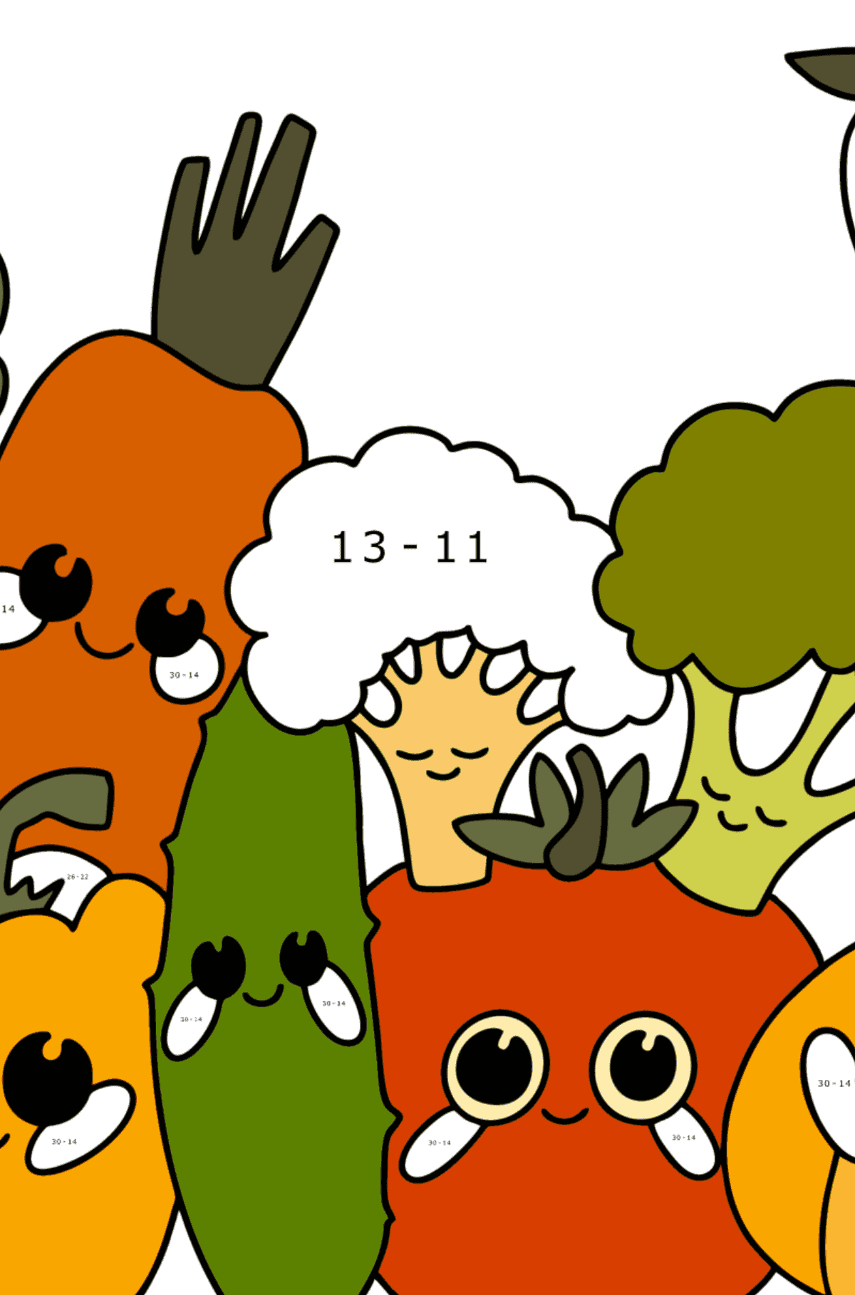 Cartoon-Gemüse ausmalbild - Mathe Ausmalbilder - Subtraktion für Kinder