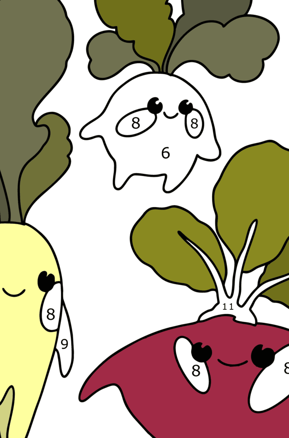 Coloriage Légumes ( daikon, radis, betteraves ) - Coloriage par Chiffres pour les Enfants