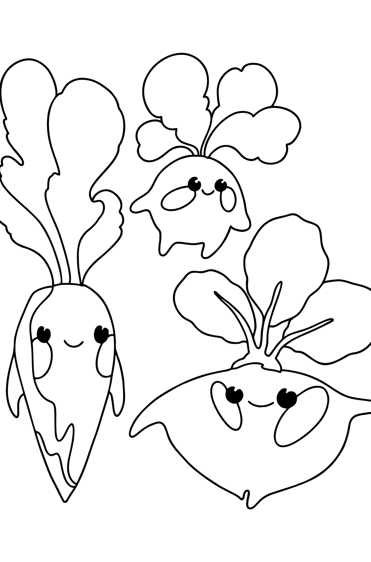 Tegning til farvning Grøntsager: daikon, radise, rødbeder - Tegninger til farvelægning for børn
