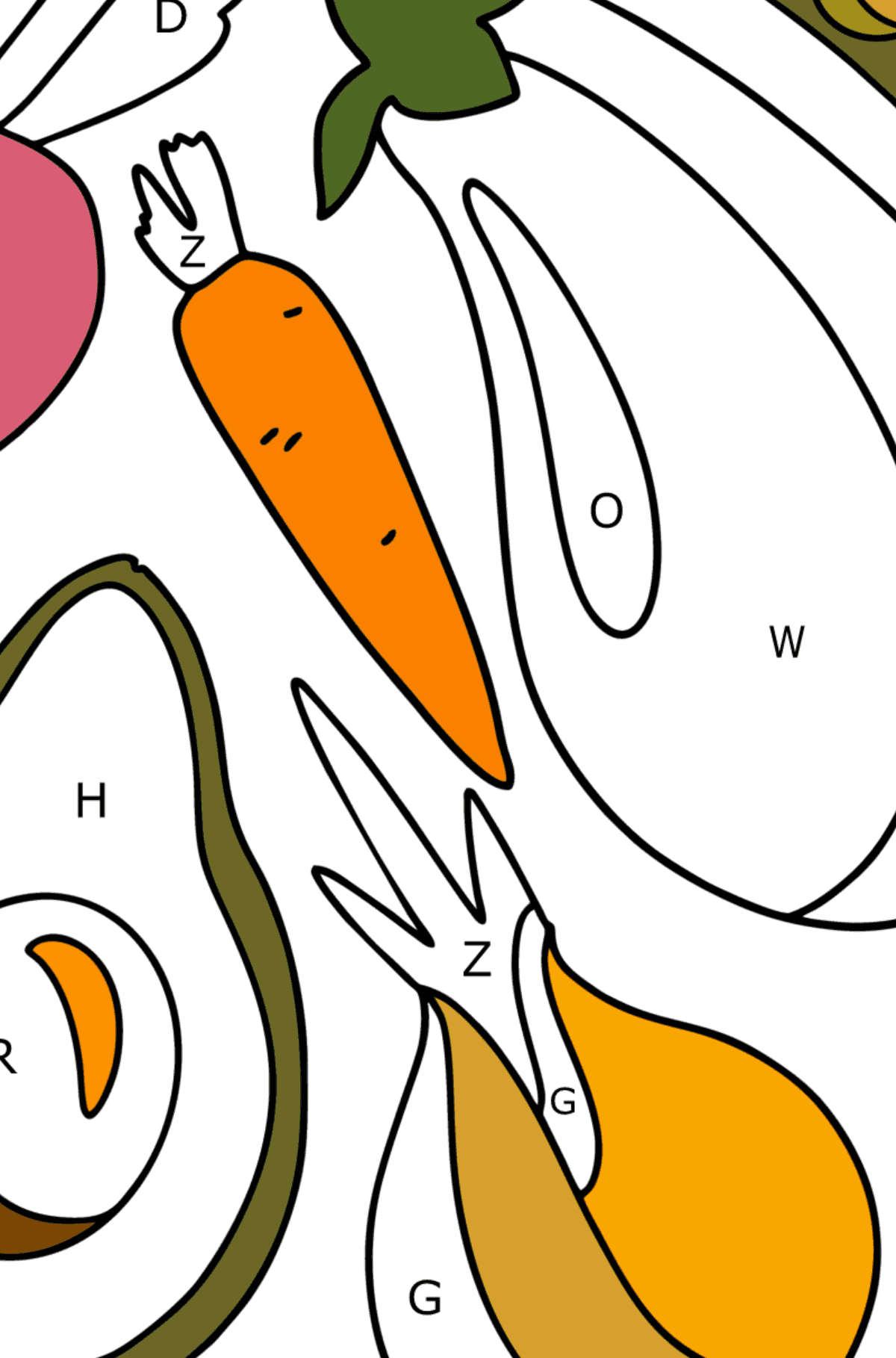 Desenho Conjunto de legumes para colorir - Colorir por Letras para Crianças