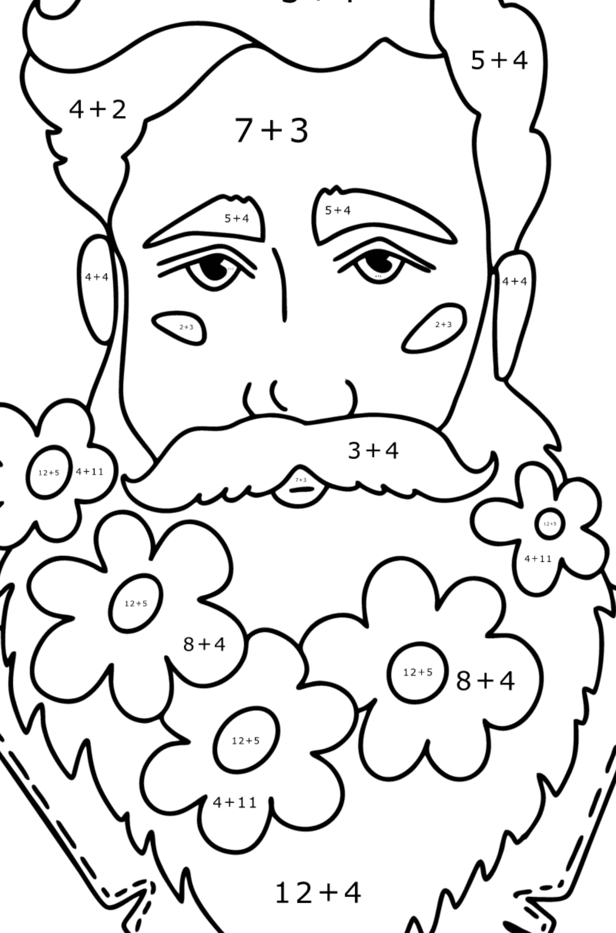 Young man with a beard сoloring page - Math Coloring - Addition for Kids