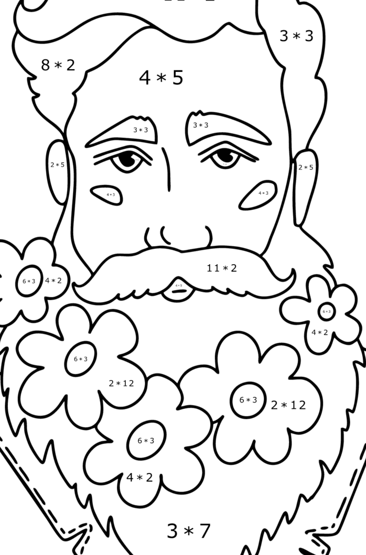 Young man with a beard сoloring page - Math Coloring - Multiplication for Kids