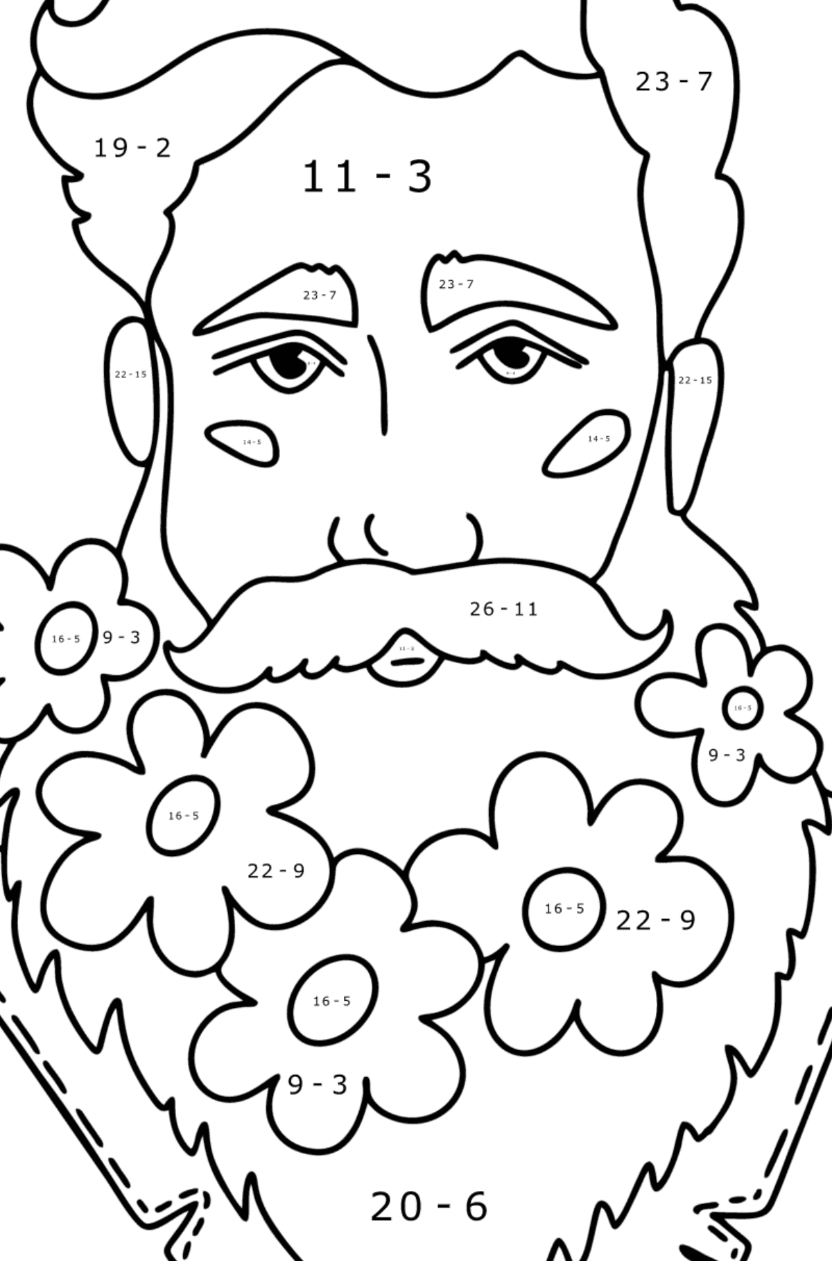Young man with a beard сoloring page - Math Coloring - Subtraction for Kids
