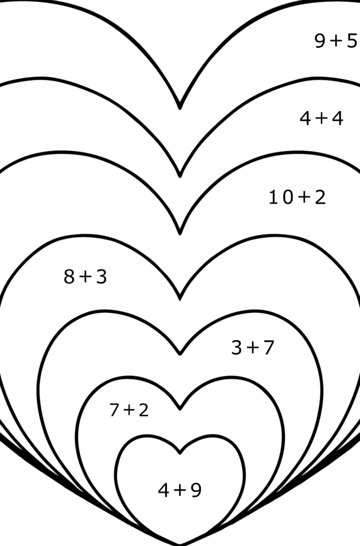 Tegning til fargelegging Hjerte i ZEN-stil - Matematisk fargeleggingsside - addisjon for barn
