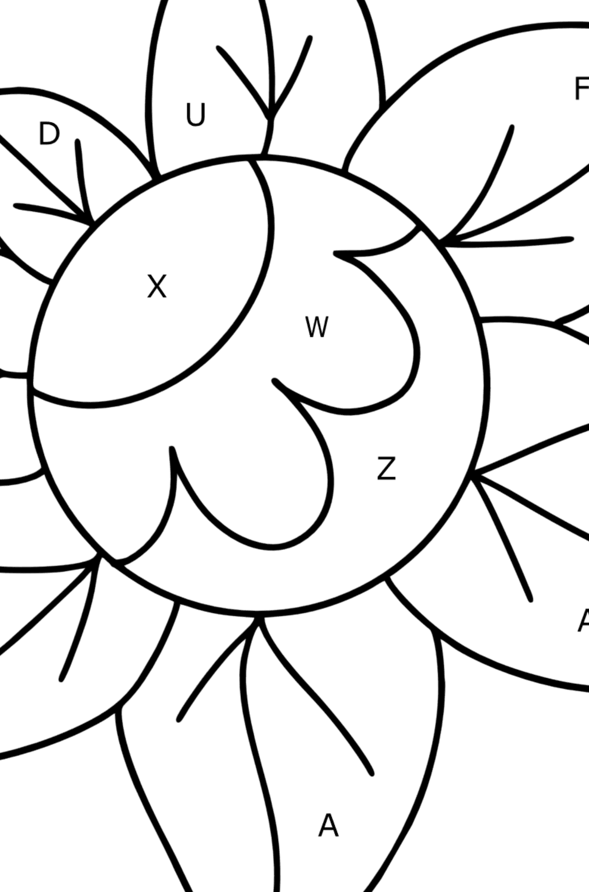 Ausmalbild Zentangle Art Blume - Ausmalen nach Buchstaben für Kinder