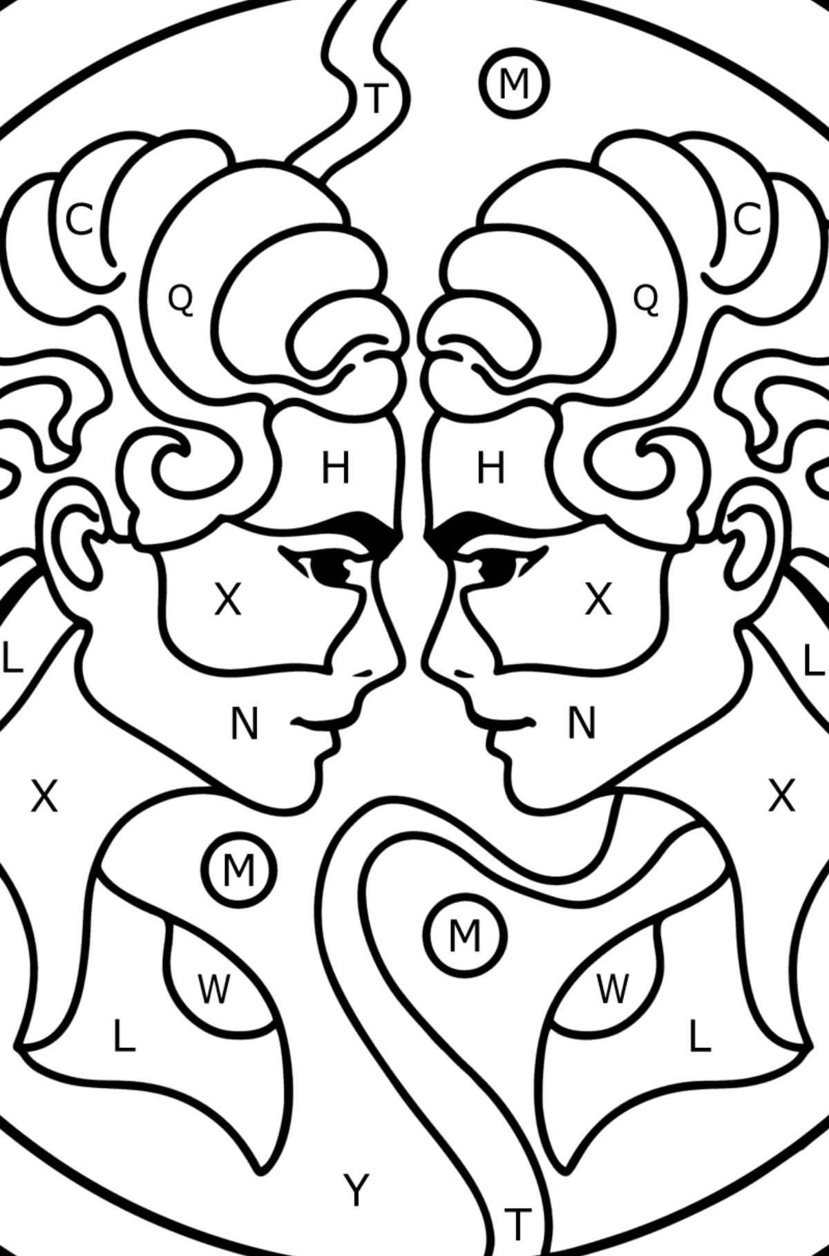Coloring page for kids - Gemini zodiac sign - Coloring by Letters for Kids