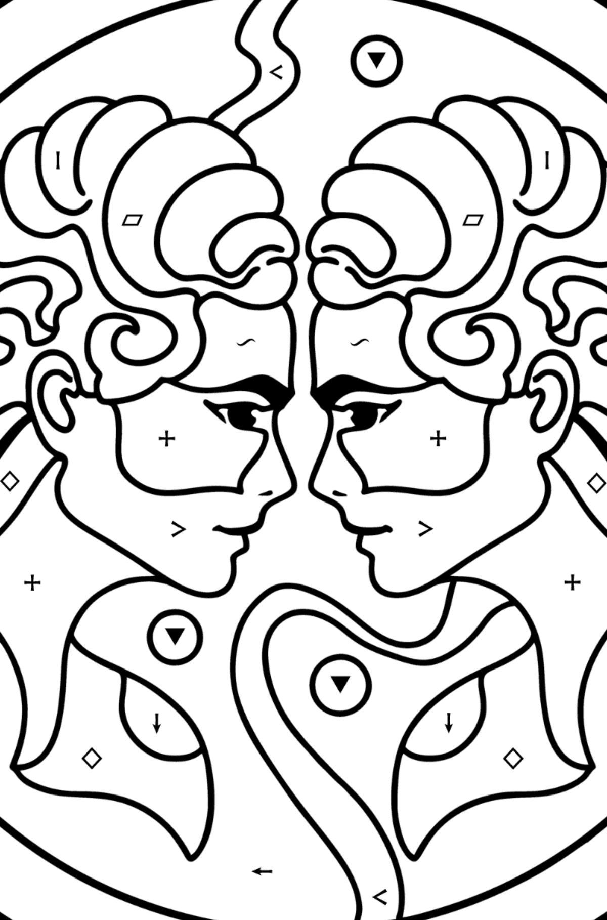Coloring page for kids - Gemini zodiac sign - Coloring by Symbols and Geometric Shapes for Kids