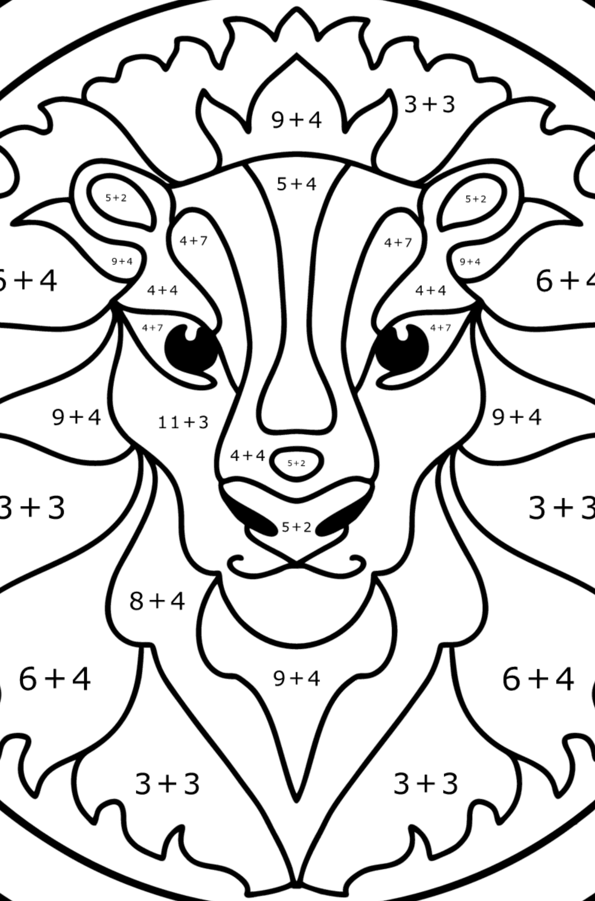Coloring page for kids - zodiac sign Leo - Math Coloring - Addition for Kids