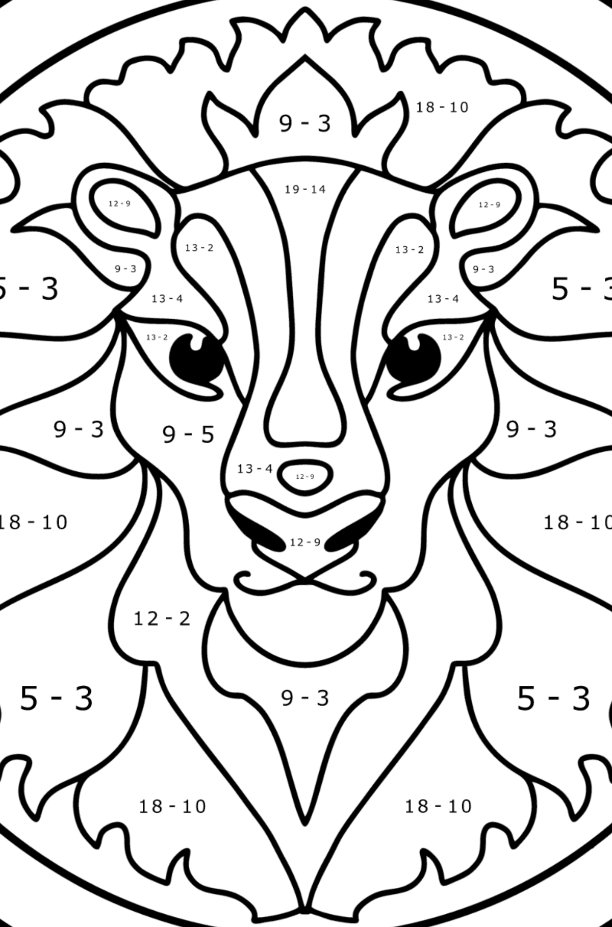 Coloring page for kids - zodiac sign Leo - Math Coloring - Subtraction for Kids