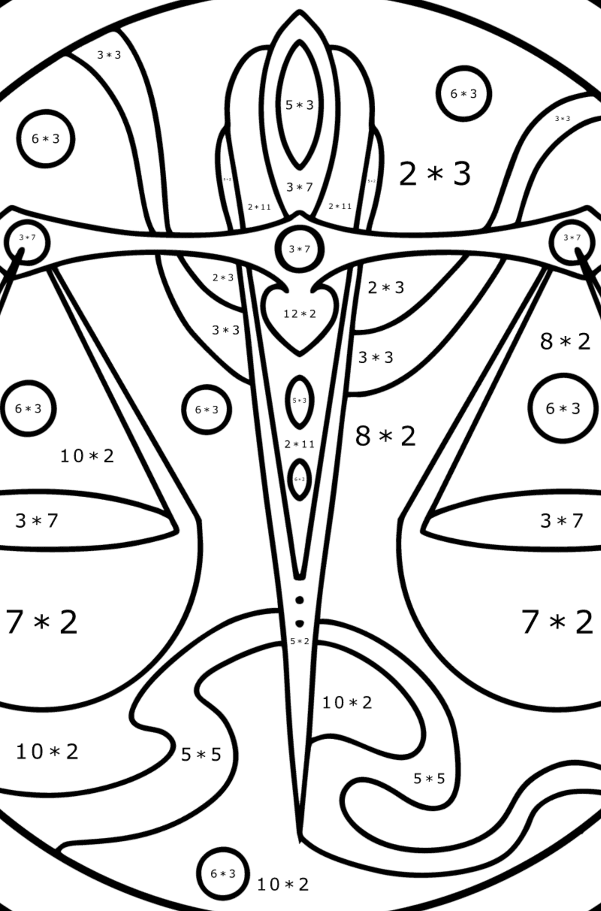 Ausmalbild für Kinder - Sternzeichen Waage - Mathe Ausmalbilder - Multiplikation für Kinder