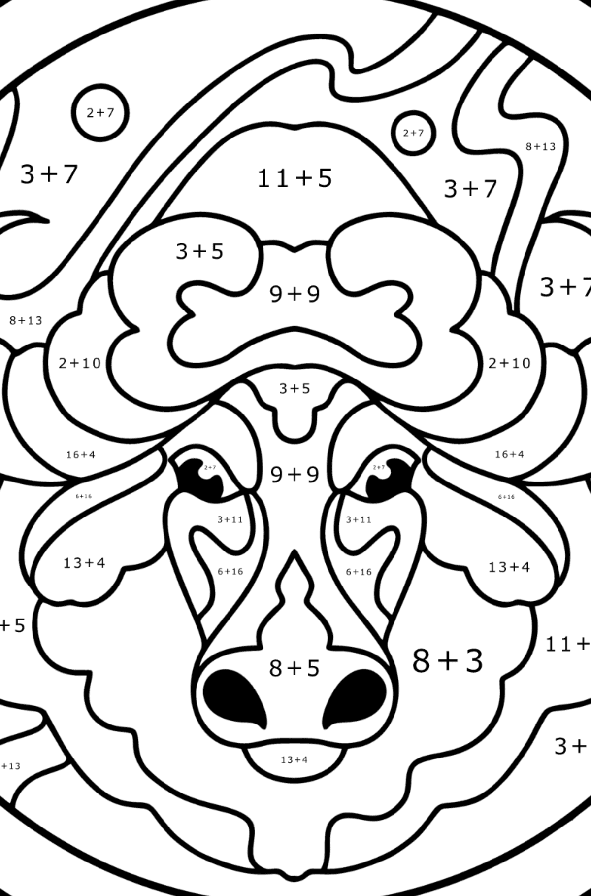 Coloring page for kids - zodiac sign Taurus - Math Coloring - Addition for Kids