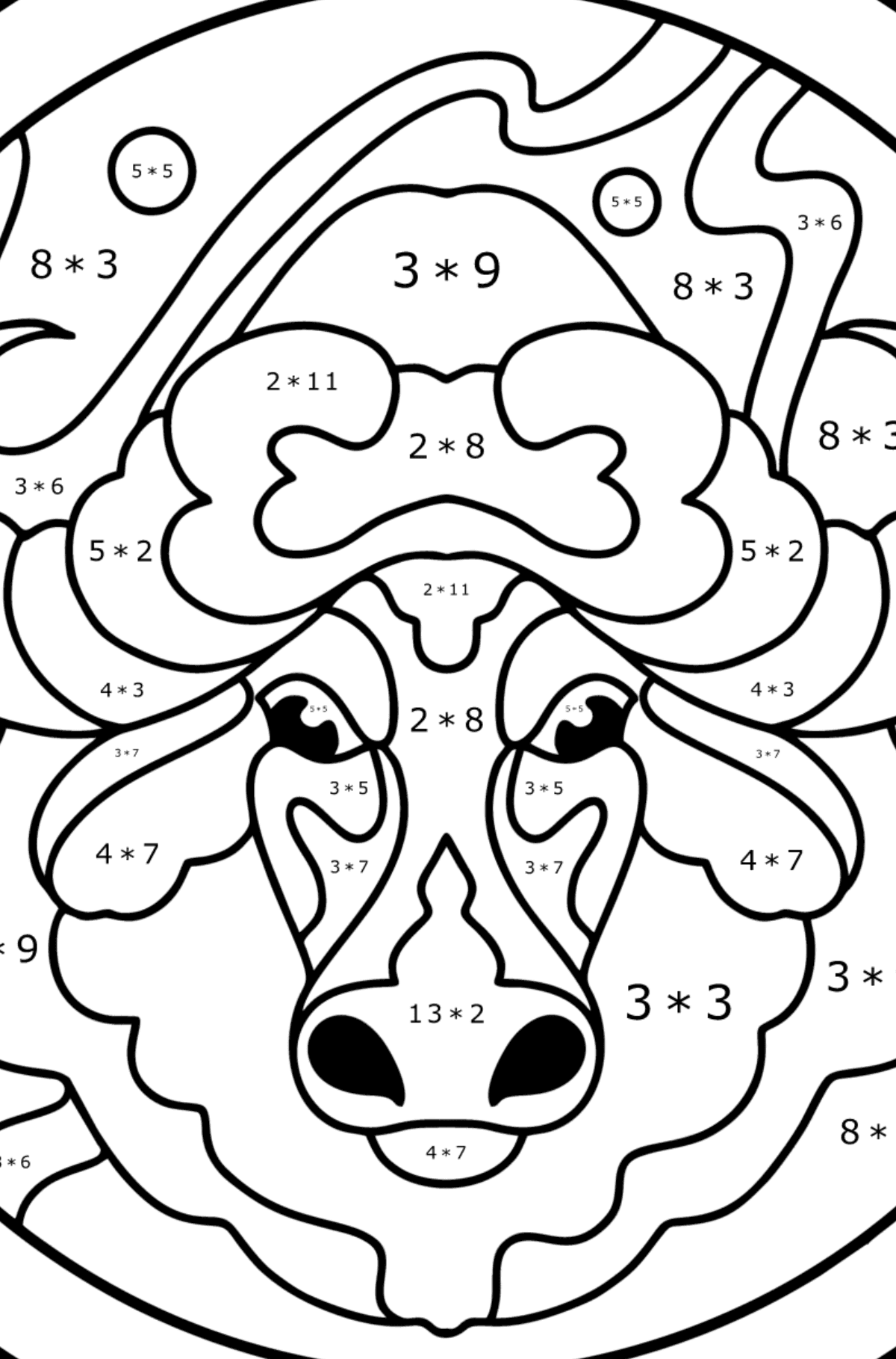 Coloring page for kids - zodiac sign Taurus - Math Coloring - Multiplication for Kids